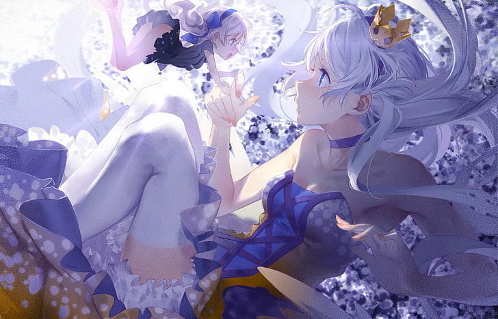 weibliche Anime-Figur mit weißen Haaren im weißen und blauen Kleid, Anime-Mädchen, Kleid, Krone, Kiana Kaslana, Guns GirlZ, Houkai Gakuen, Anime, Honkai, HD-Hintergrundbild