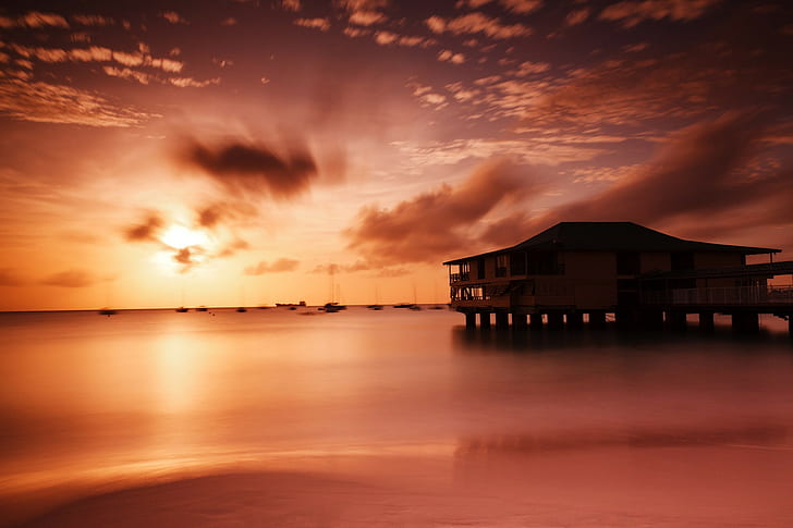 Barbados, beach, boat, Calm, clouds, Coast, Colorful, dusk, Evening, Harbor, Orange, Peaceful, red, sand, sea, sky, sun, sunset, HD wallpaper