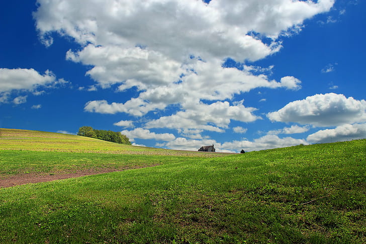 пейзажна фотография на тревно поле, Къща на хълма, пейзажна фотография, трева, поле, Пенсилвания, окръг Колумбия, Mount Pleasant Township, Крофорд, Път, полета, хълмове, небе, облаци, купчета, селски, пролет, Creative Commons, природа, селски пейзаж, поляна, облак - небе, хълм, пейзаж, на открито, лято, зелен цвят, син, живопис, пасище, ​​земеделие, HD тапет