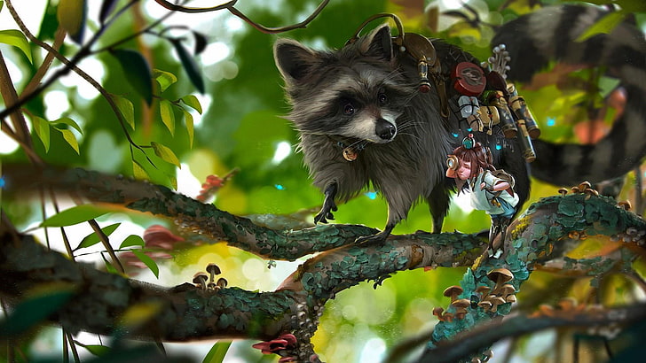 fauna, wildlife, funny, fantasy art, tree, raccoon, plant, branch, illustration, drawing, HD wallpaper
