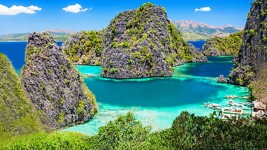 أرخبيل ، بحيرة كايانجان ، جزيرة كورون ، الفلبين ، بالاوان ، خليج صغير ، جزيرة صغيرة ، بحر ، مناطق استوائية ، طبيعة ، خليج ، سماء ، ماء ، ساحل ، رعن ، مشهد جبل ، نباتات، خلفية HD HD wallpaper