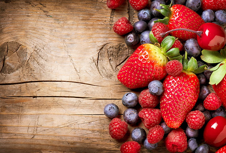 fruits, Berries, blueberry, strawberry, raspberry, HD wallpaper