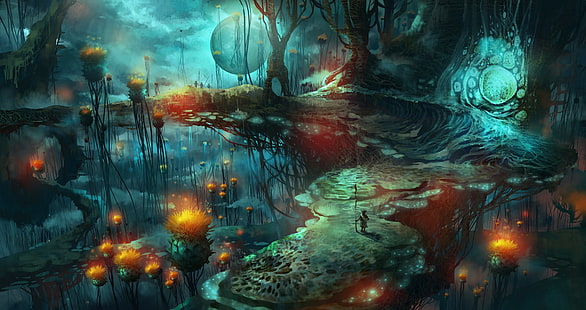 мир фантазий планета, гриб, волшебные грибы, фэнтези арт, HD обои HD wallpaper
