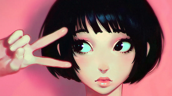 black haired female anime character digital wallpaper, Ilya Kuvshinov, cartoon, drawing, Leon, face, hands, artwork, women, HD wallpaper HD wallpaper