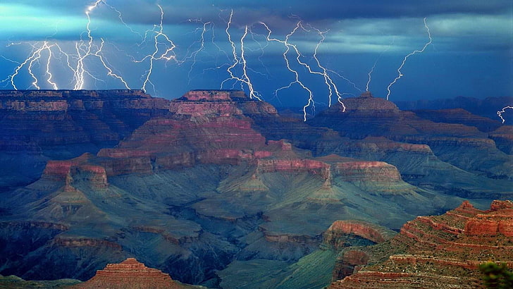 Grand Canyon, relâmpago, tempestade, trovão, deslumbrante, deserto, tempo tempestuoso, tempestade, parque nacional, desfiladeiro, estados unidos da américa, estados unidos, arizona, HD papel de parede