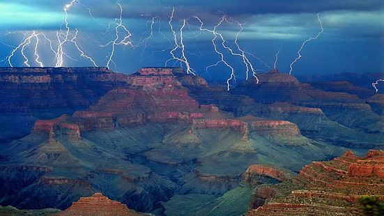 Гранд Каньон, мълния, буря, гръмотевица, зашеметяващ, пустиня, бурно време, гръмотевична буря, национален парк, каньон, САЩ, САЩ, Аризона, HD тапет HD wallpaper