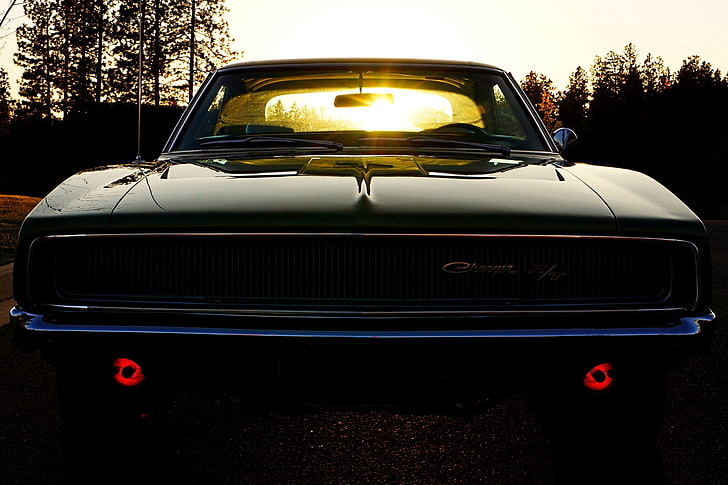 classico Dodge Charger nero R / T, il cielo, il sole, Dodge, crepuscolo, Caricabatterie, anteriore, 1968, muscle car, il caricabatterie, R / T, Sfondo HD