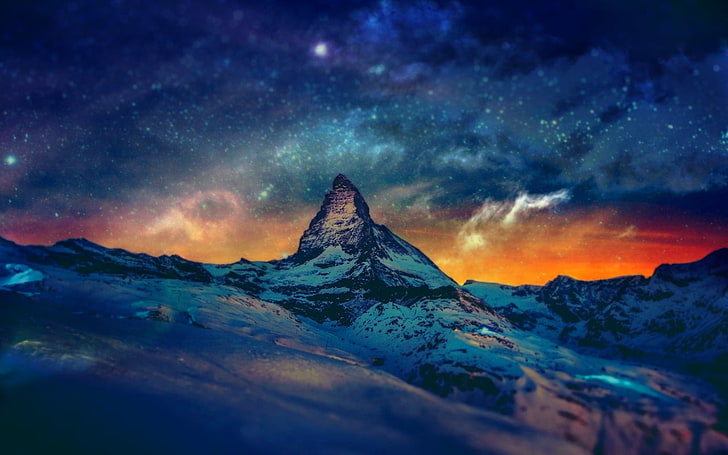 голубые горы пейзажи снег ночь разноцветные звезды швейцария материнхорн церматт небоскребы размытие природа горы HD искусство, синий, горы, HD обои