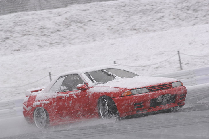 red couoe, snow, nissan, drift, R32, skyline, HD wallpaper