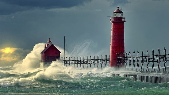 赤い灯台、灯台、海、海岸、 HDデスクトップの壁紙 HD wallpaper