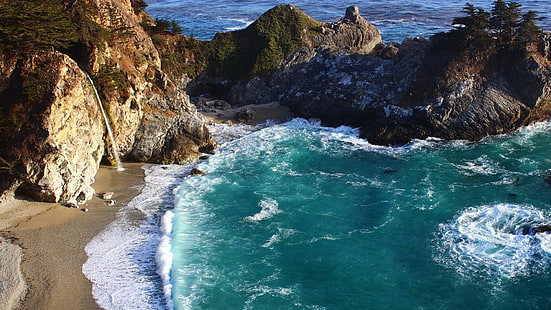 Ziemia, Big Sur, Plaża, Kalifornia, Klif, Wybrzeże, McWay Falls, Skała, Tapety HD HD wallpaper