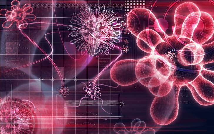 3d Neon Virus, red and black 3d illustration, technology, digital, mindteasers, background, flower patterns, pink, computers, 3d, 3d and abstract, HD wallpaper