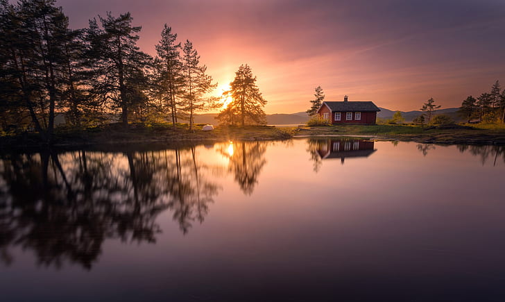 trees, sunset, lake, reflection, Norway, house, RINGERIKE, HD wallpaper
