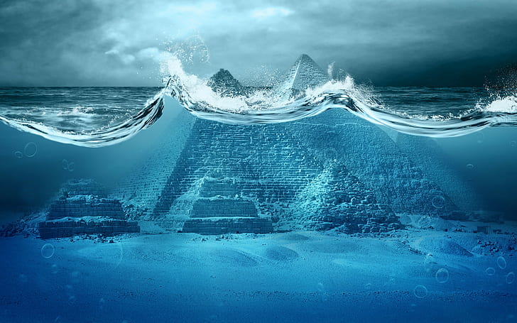 pyramid, waves, sea, Pyramids of Giza, split view, water, photo manipulation, artwork, underwater, blue, clouds, digital art, apocalyptic, horizon, bubbles, HD wallpaper