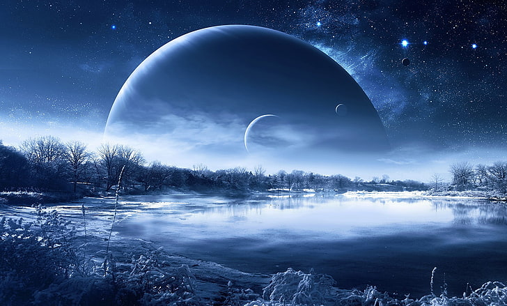 pintura da lua azul e do planeta, estrelas, planeta, galáxia, neve, arte espacial, HD papel de parede