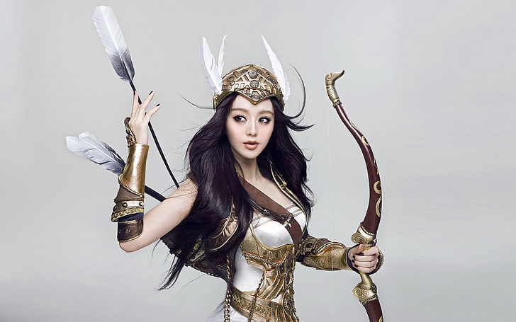 arqueiro feminino segurando a ilustração do arco, fantasia, arqueiro, armadura, seta, arco, mulher, HD papel de parede