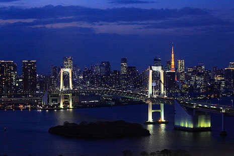 建築、橋、建物、日本、港、夜、夜景、虹、レインボーブリッジ、高層ビル、日没、テーマランドマーク、東京、タワー、都市、 HDデスクトップの壁紙 HD wallpaper