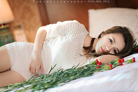 portrait, Asian, women, bed, HD wallpaper HD wallpaper