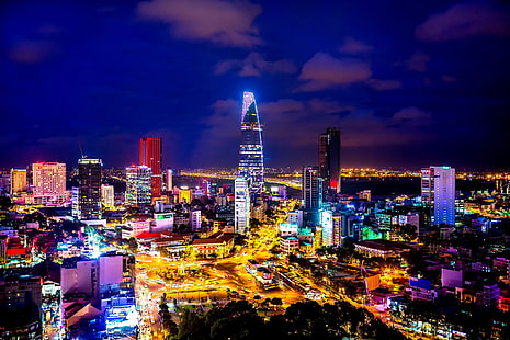 مدينة في الصورة ليلا ، ليلا ، فيتنام ، سايغون ، مدينة هوشي منه، خلفية HD HD wallpaper