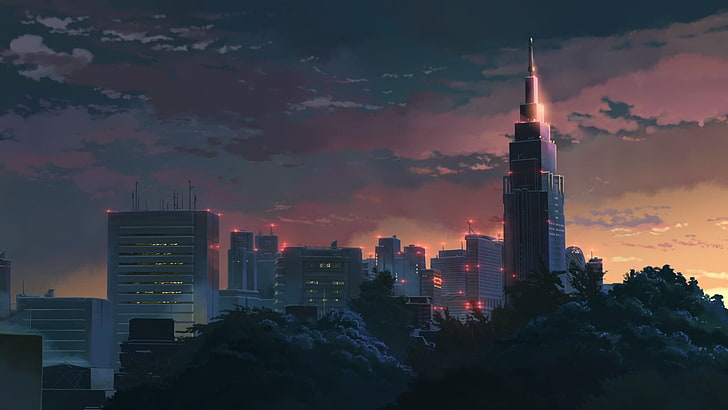 edificios y árboles de la ciudad, el jardín de palabras, Makoto Shinkai, ciudad, pueblo, cielo, dibujo, construcción, paisaje urbano, Fondo de pantalla HD