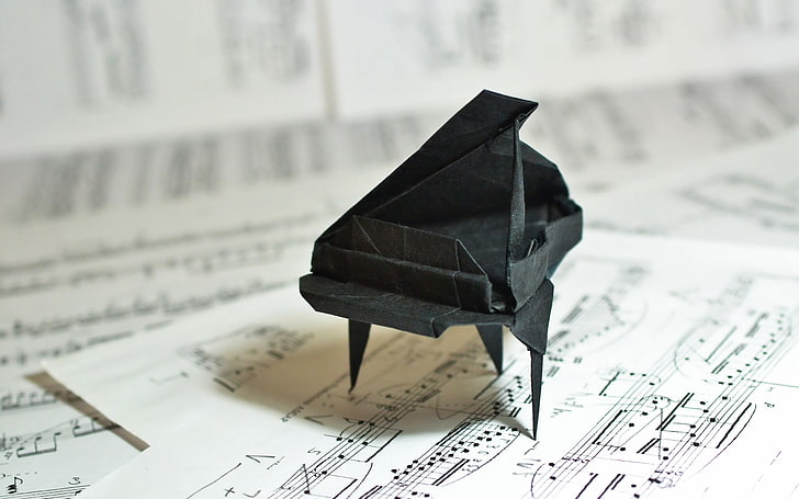 черная бумага рояль оригами, музыка, оригами, рояль, HD обои