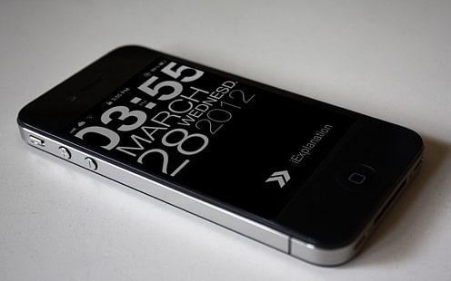 preto iPhone 4, iphone 4, telefone, telefone móvel, close-up, maçã, tempo, relógio, HD papel de parede HD wallpaper