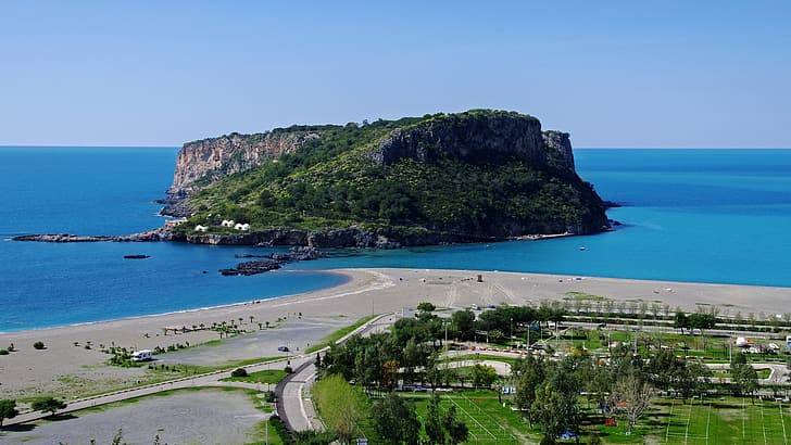 beach, sky, trees, sea, landscape, Italy, island, Calabria, Praia a Mare, The island of Dino, HD wallpaper