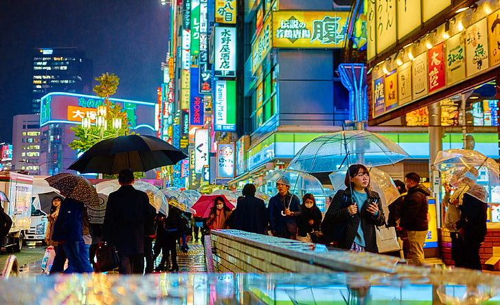 flowers, night, lights, people, metro, street, neon, Japan, Tokyo, umbrellas, stores, life, restaurants, rainy, HD wallpaper