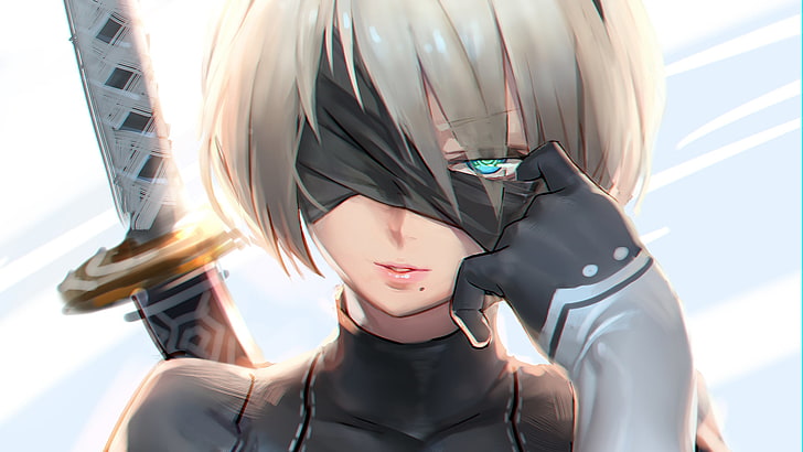 short blonde haired female anime character wallpaper, Nier: Automata, women, 2B, 2B (Nier: Automata), NieR, blue eyes, looking at viewer, white hair, video games, mask, blindfold, sword, HD wallpaper