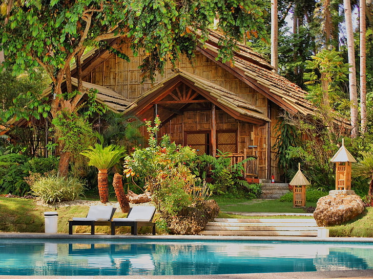 brown wooden bungalow digital wallpaper, water, trees, house, palm trees, pool, HD wallpaper