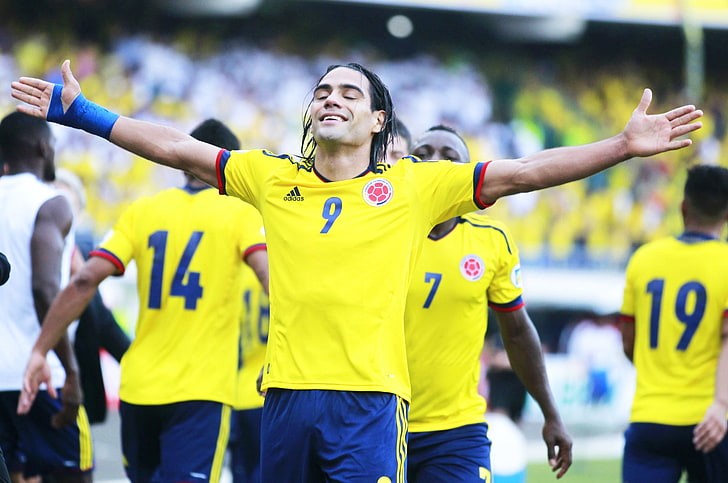 męska żółto-niebieska koszulka adidas 9 jersey, radamel falcao garcia, kolumbia, paragwaj, mistrzostwa świata w piłce nożnej 2014, eliminacje piłka nożna, dublet, bramka, szczęście, piłka nożna, Tapety HD
