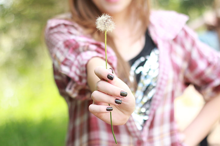 white dandelion flower, greens, girl, nature, background, dandelion, Wallpaper, mood, plant, hand, blur, cell, jacket, nails, widescreen, lacquer, full screen, HD wallpapers, HD wallpaper