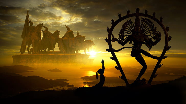 El cielo, niña, el sol, las islas, la luz, el paisaje, la puesta del sol, las nubes, pose, representación, ficción, amanecer, colinas, orilla, personas, Dios, altura, caballos, danza, figura, caballo, silueta, arte, monumento,arco, mentiras, escultura, dioses, guerreros, religión, estatuas, estanque, fe, indio, budismo, adoración, hinduismo, Shiva, Indra, indio antiguo, la danza de la destrucción, danza de Shiva, Fondo de pantalla HD