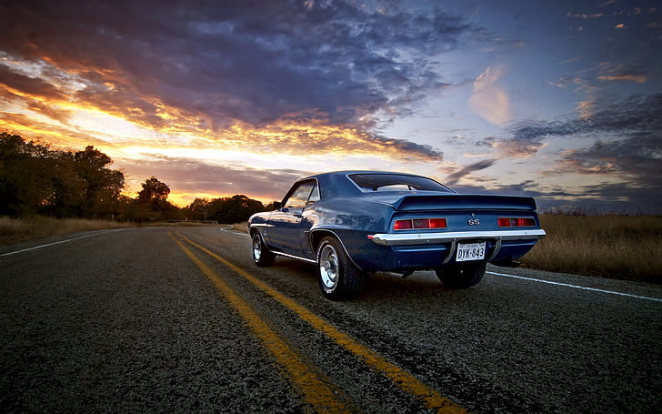 Chevrolet Camaro Classic Car Classic SS Sunset Road HD, รถยนต์, รถยนต์, พระอาทิตย์ตก, คลาสสิก, ถนน, chevrolet, camaro, ss, วอลล์เปเปอร์ HD