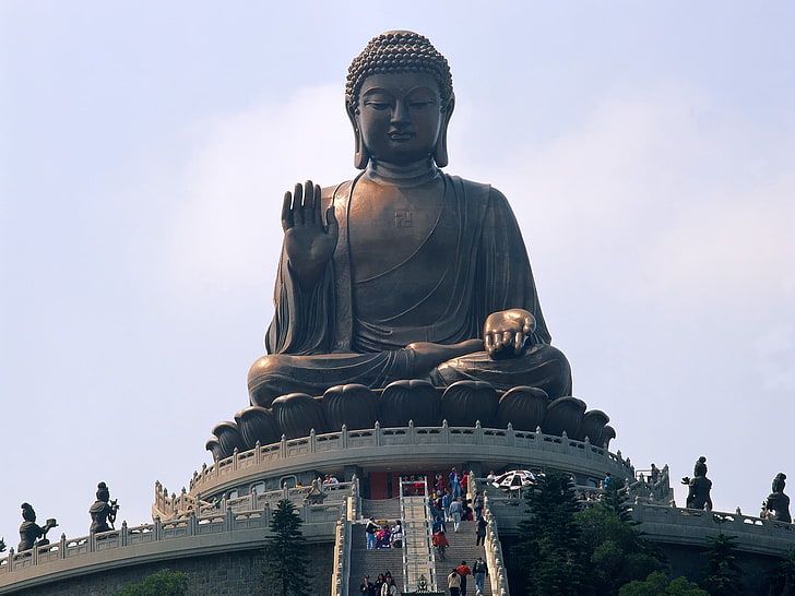 Gautama statue, hong kong, buddha, people, landmark, statue, power, HD wallpaper