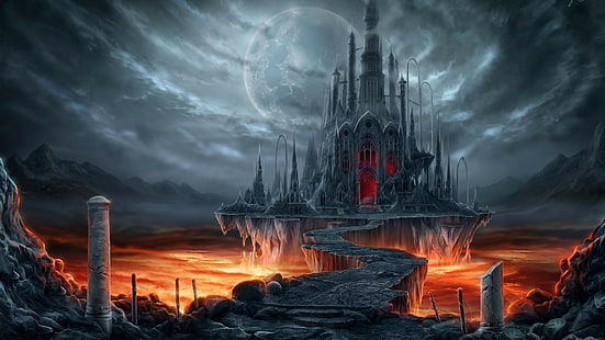 castle illustration, Doomsday Castle, fantasy art, lava, HD wallpaper HD wallpaper