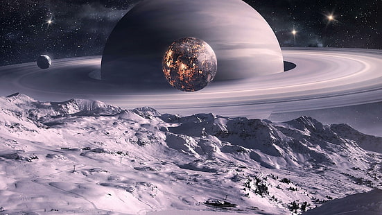 superficie, planetas, arte de fantasía, nevado, paisaje, galaxia, anillo, Fondo de pantalla HD HD wallpaper