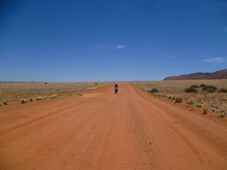 africa, desert, distance, drought, dry, endless, horizon, loneliness, motorcycle, namibia, road, travel, wide, HD wallpaper