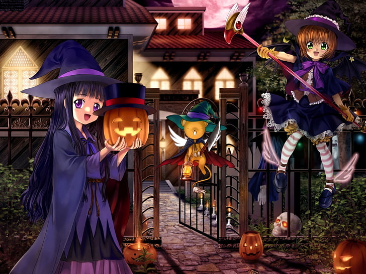 Card Captor Sakura wallpaper, card captor sakura, girl, cute, witch, pumpkin, lights, HD wallpaper