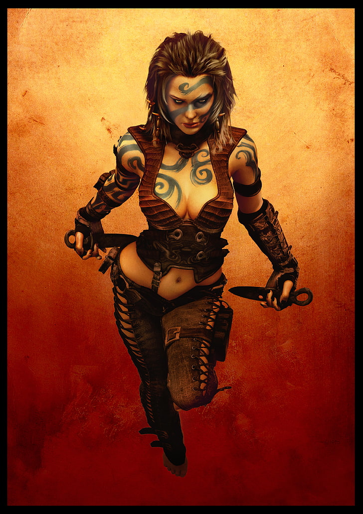 illustrazione femminile dai capelli castani, arte digitale, guerriera, donne, Age of Conan, Sfondo HD, sfondo telefono