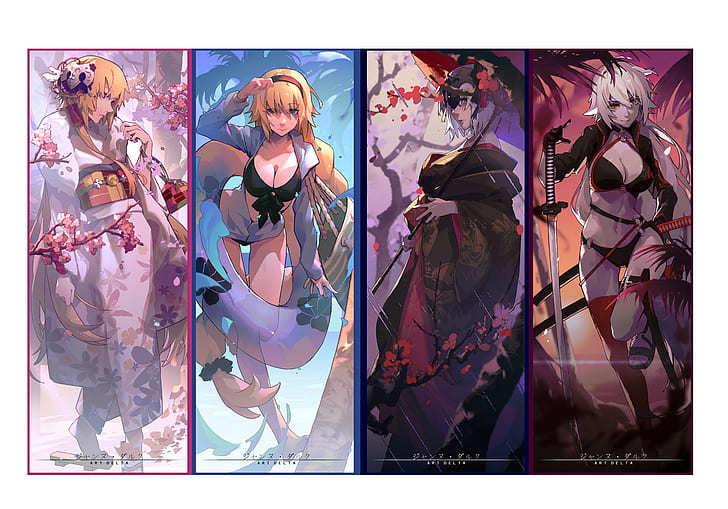 Fate Series, Fate / Grand Order, Avenger (Fate / Grand Order), Berserker (Fate / Grand Order), Blonde, Blue Eyes, Jeanne d'Arc (Fate Series), Jeanne d'Arc Alter, Jeanne d'Arc Alter ( Berserker), katana, kimono, długie włosy, jeździec (los / wielki porządek), władca (los / apokryf), parasol, białe włosy, żółte oczy, Tapety HD