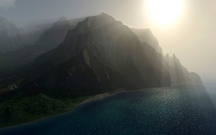 природа, пейзаж, мъгла, слънчеви лъчи, планини, крайбрежие, море, плаж, скала, слънчева светлина, въздушен изглед, CGI, HD тапет