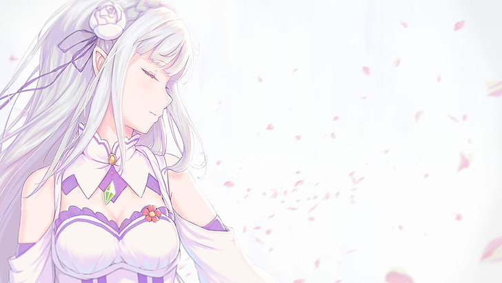 vit bakgrund, enkel bakgrund, Emilia (Re: Zero), klyvning, vitt hår, vit klänning, Re: Zero Kara Hajimeru Isekai Seikatsu, HD tapet