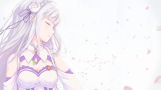 white background, simple background, Emilia (Re: Zero), cleavage, white hair, white dress, Re:Zero Kara Hajimeru Isekai Seikatsu, HD wallpaper HD wallpaper