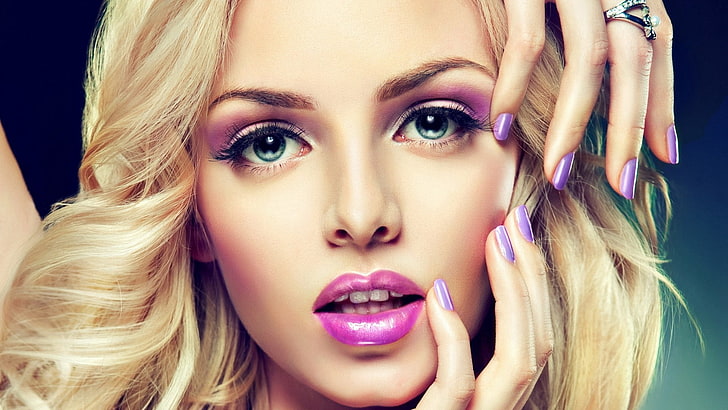 women's pink lipstick, model, face, manicure, make-up, HD wallpaper