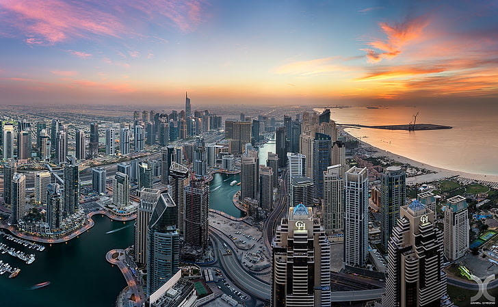 diverse höghus, stad, stadsbild, Dubai, Förenade Arabemiraten, skyskrapa, solnedgång, HD tapet