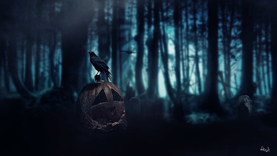 Halloween, zucche, età oscura, corvo, foresta, morte, halloween, zucche, età oscura, corvo, foresta, morte, 1920x1080, Sfondo HD HD wallpaper