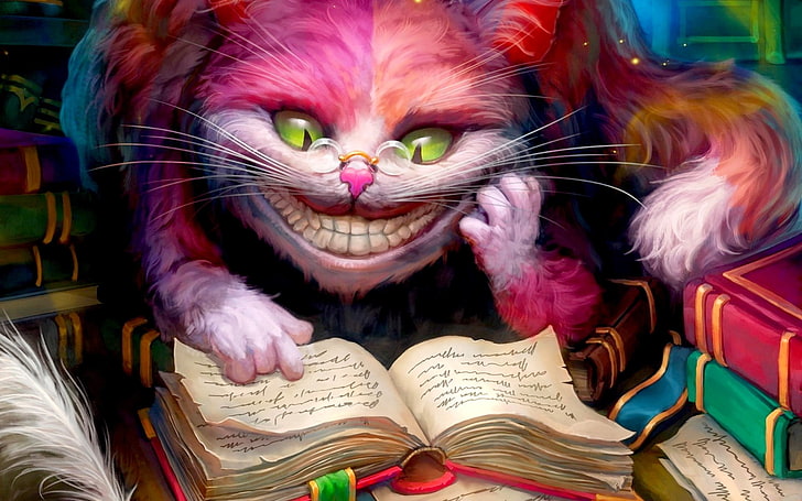 multicolored cat reading book illustration, Alice in Wonderland, Cheshire Cat, books, smiling, artwork, HD wallpaper