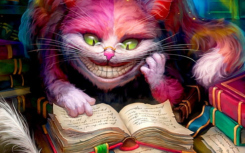 multicolored cat reading book illustration, Alice in Wonderland, Cheshire Cat, books, smiling, artwork, HD wallpaper HD wallpaper