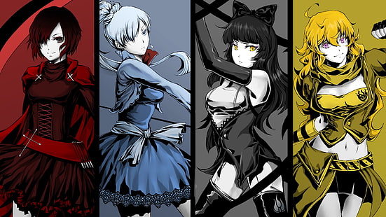 cztery kobiece postacie z anime tapety cyfrowe, anime, RWBY, Ruby Rose (postać), Yang Xiao Long, Blake Belladonna, Weiss Schnee, Tapety HD HD wallpaper